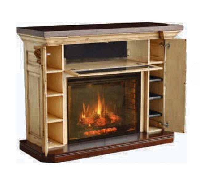 Bring warmth and entertainment to any living space with this Entertainment Center and Heater Fireplace combination.Dimensions:  47 1/2"H x 60 1/2"W x 23 1/2"DStandard Features:  - Flip down door with smoked glass to hide your entertainment equipment  - Wi