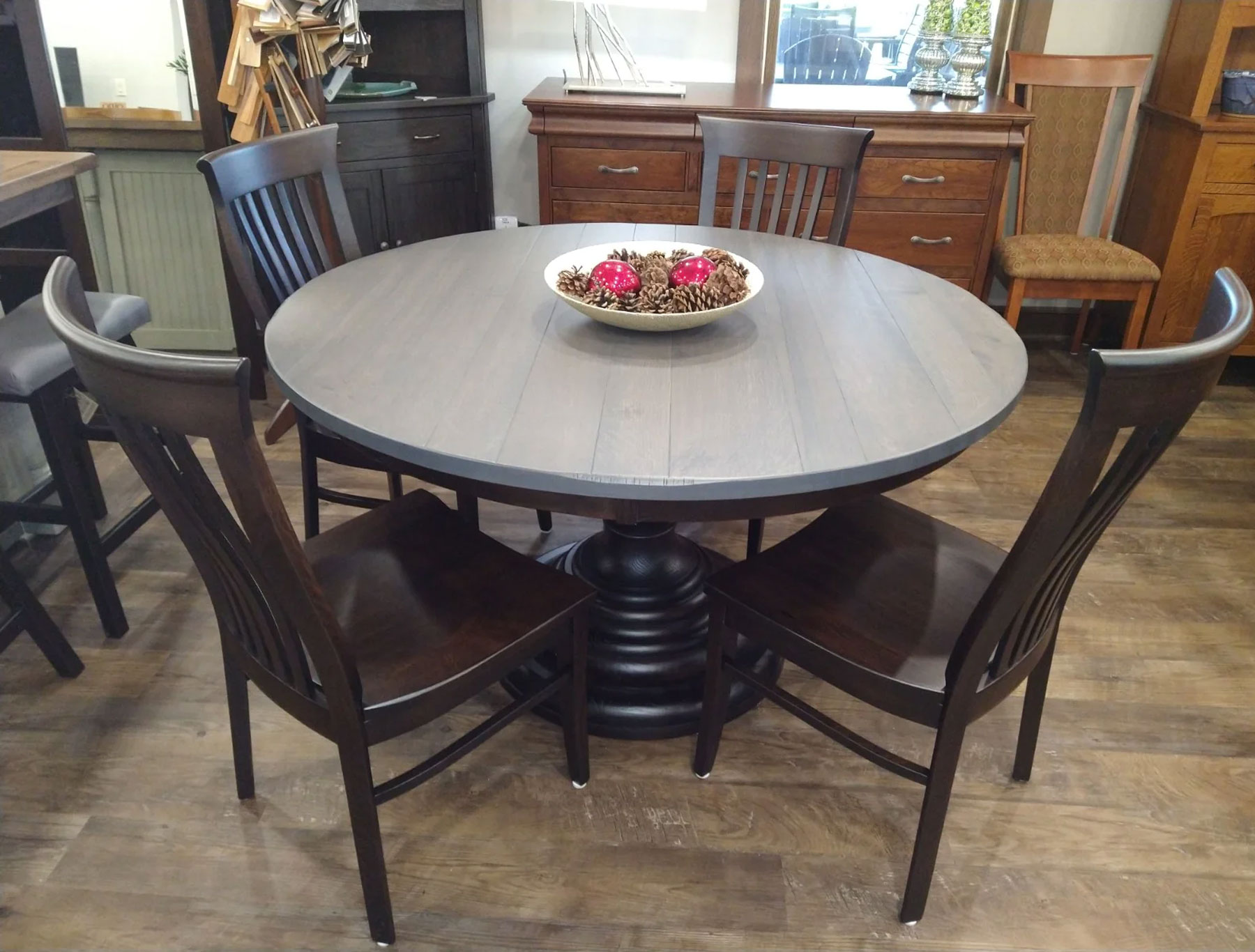 Global 54 inch Single Pedestal Table with (4) Delaney Side Chairs in Rustic Quartersawn White Oak
