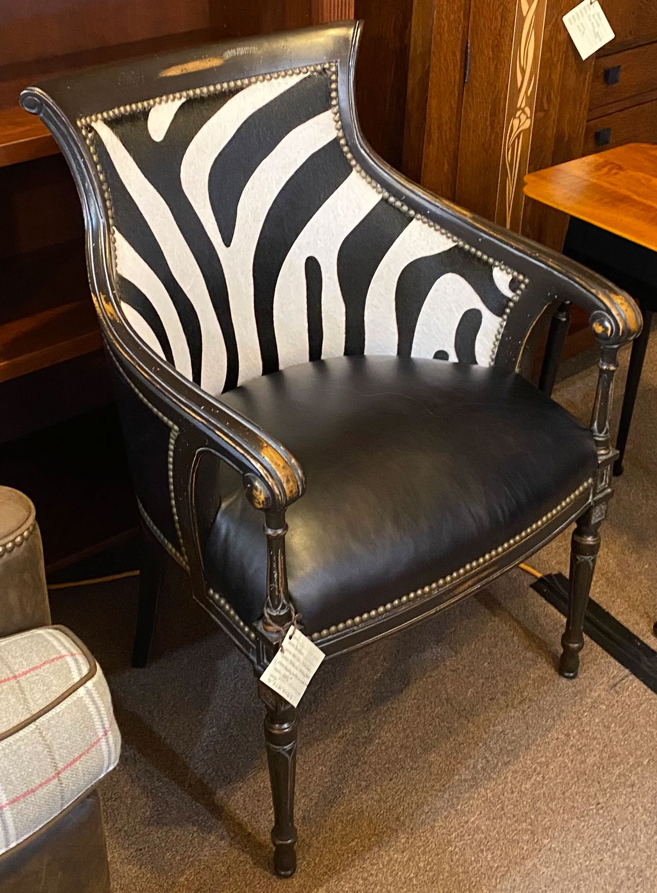 Our House 7112 French Empire Carved Chair in Hazy Black Leather with Novelty Leather