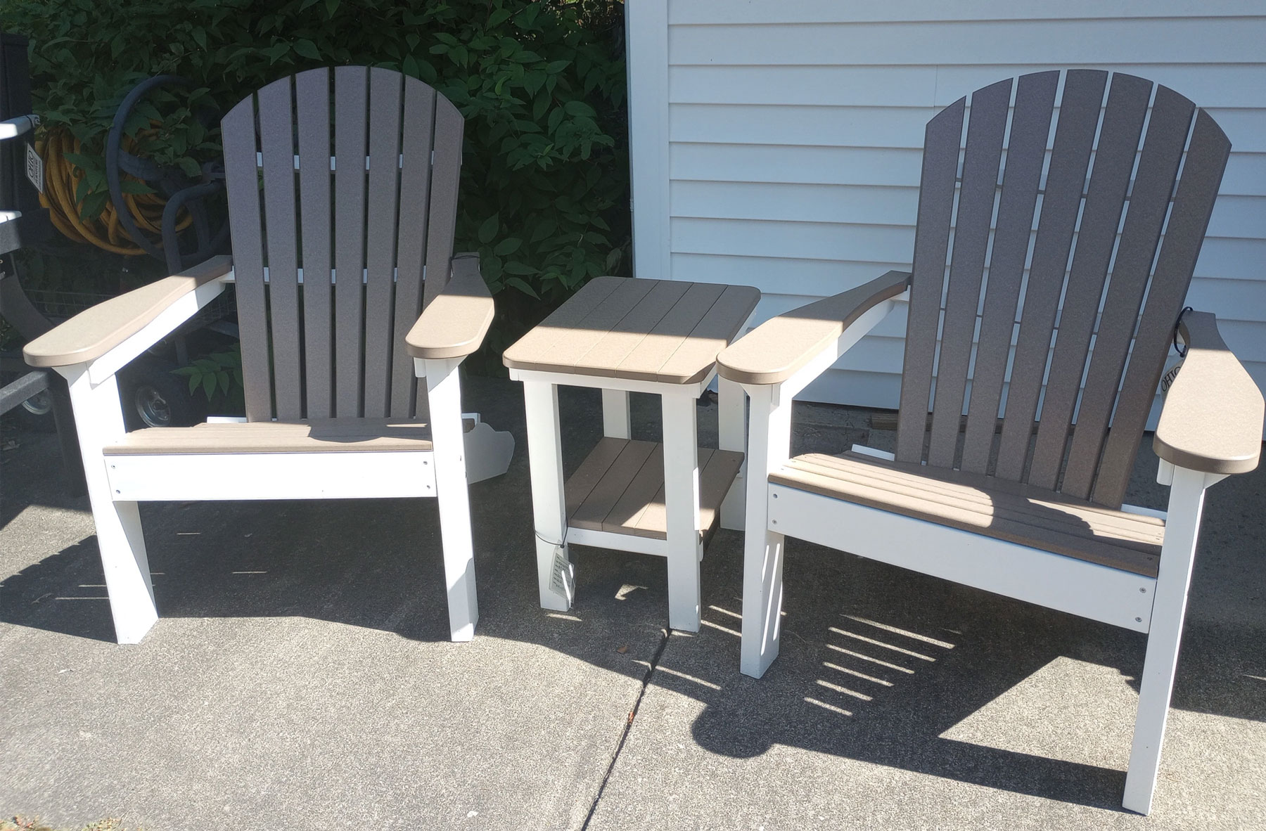 (2) Comfo-Back Adirondacks and (1) Rectangle End Table in Weatherwood on White
