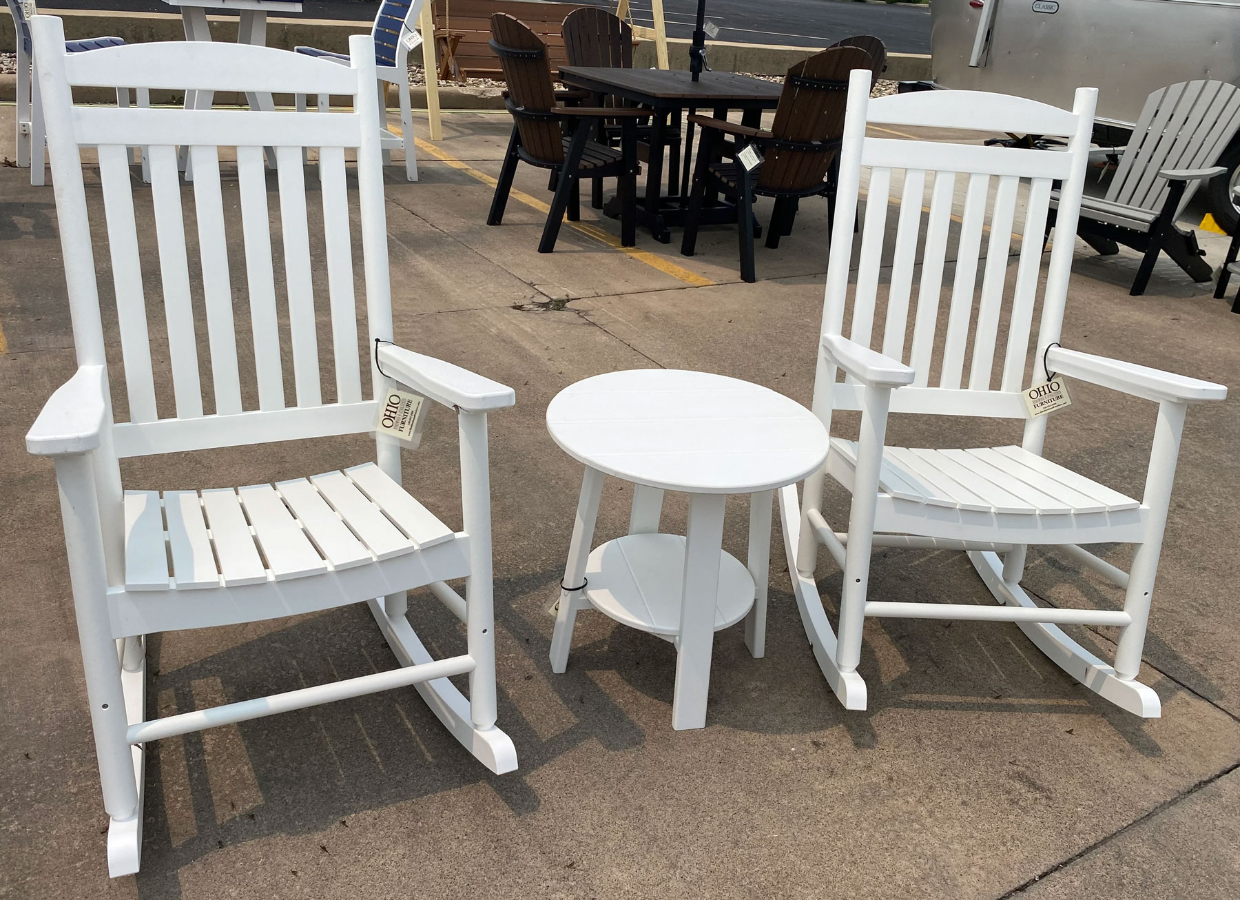 (2) Porch Rockers and (1) Poly Deluxe End Table in White