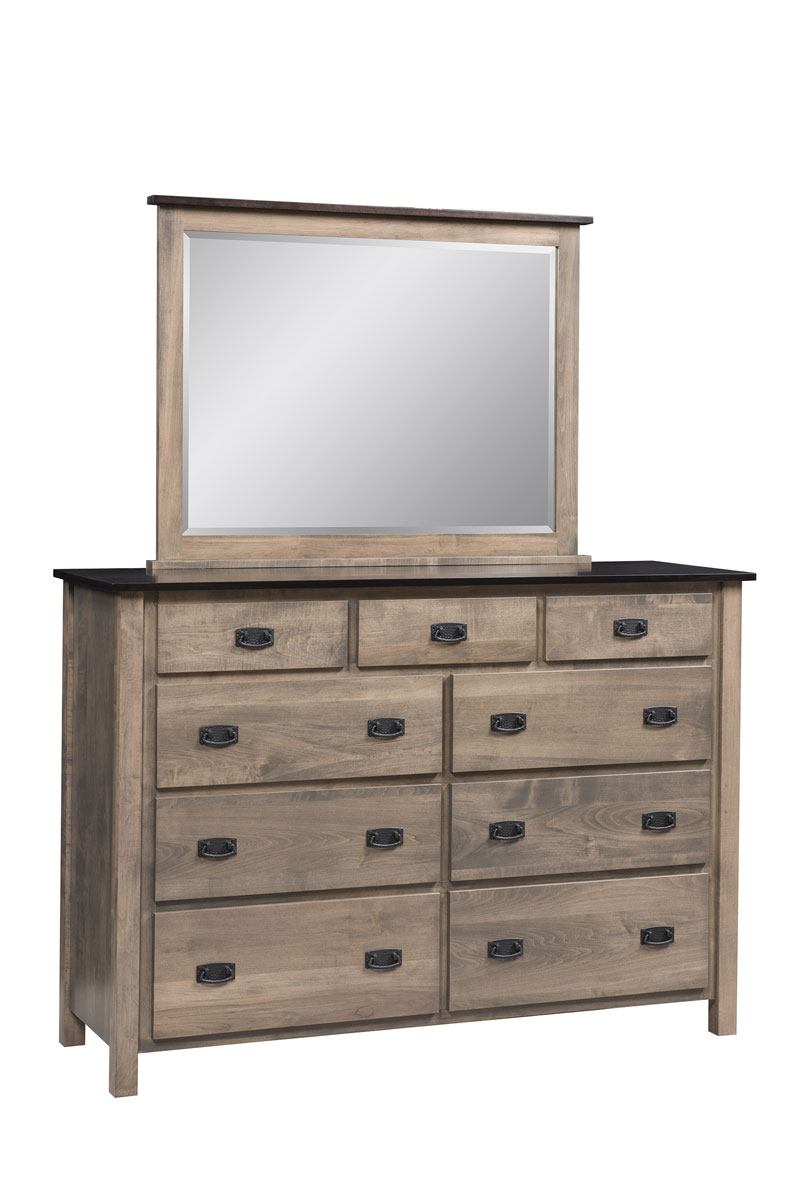 Dutch Country Mission 9 Drawer Dresser and Beveled Mirror