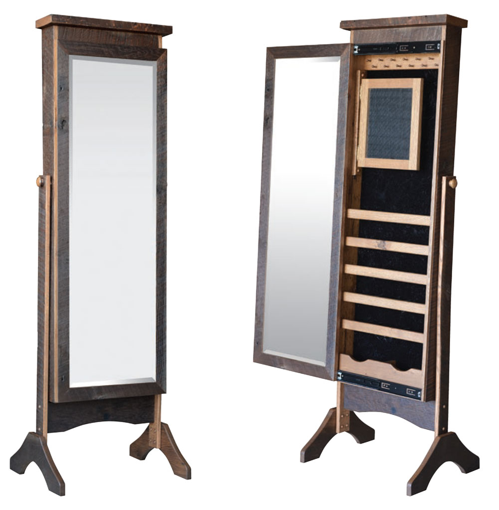 Reclaimed Oak Barnwood Cheval Mirrors with Jewelry Storage