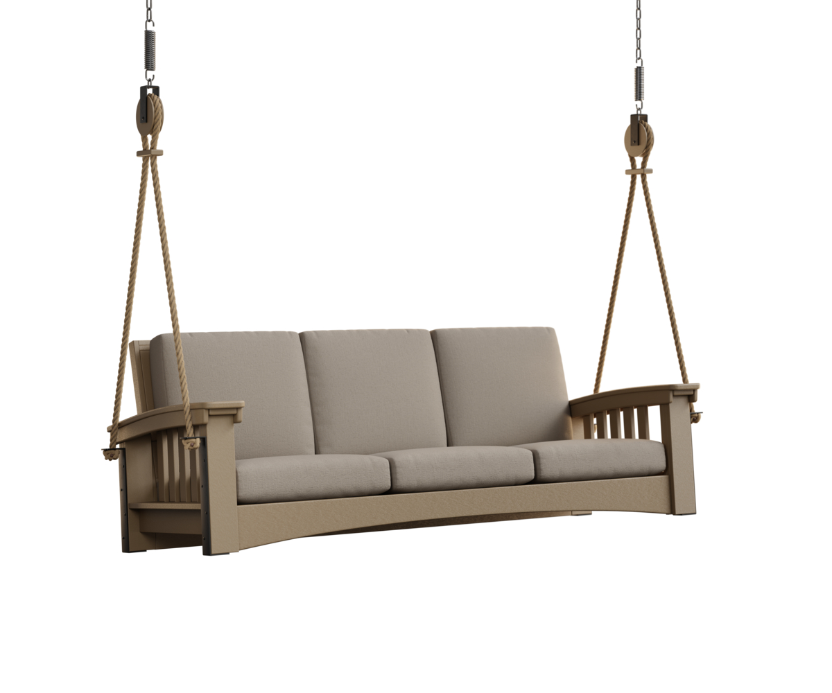 Day's End Poly Mission Sofa Rope Swing in Weatherwood with Cast Ash Cushions