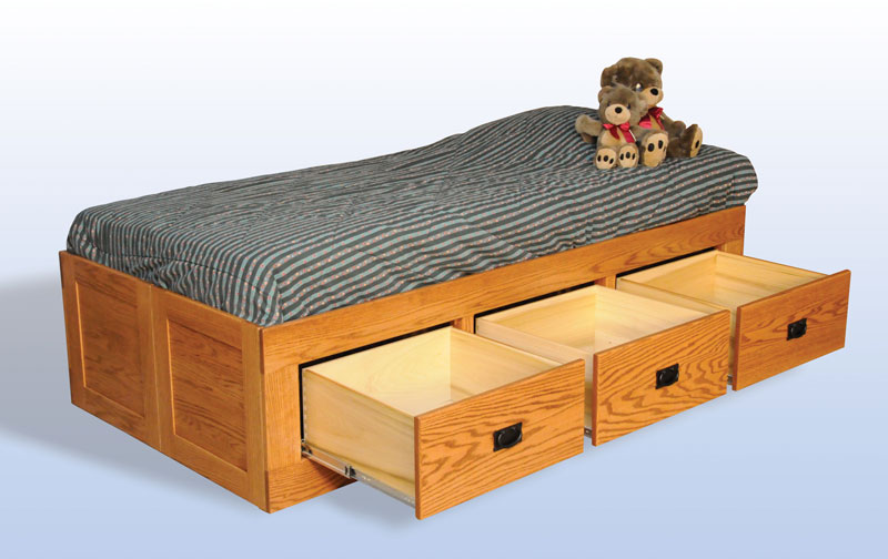 Twin Size Storage Bed in Oak with Drawers Open