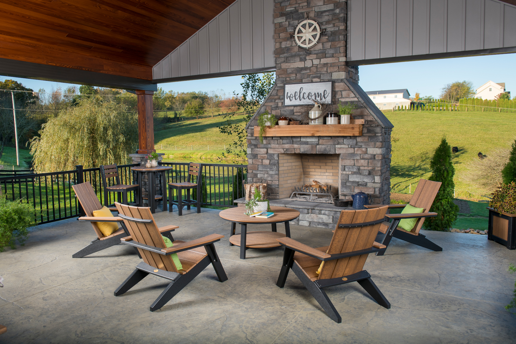 Urban Adirondack Chairs and Poly Deluxe Conversation Table in Antique Mahogany & Black