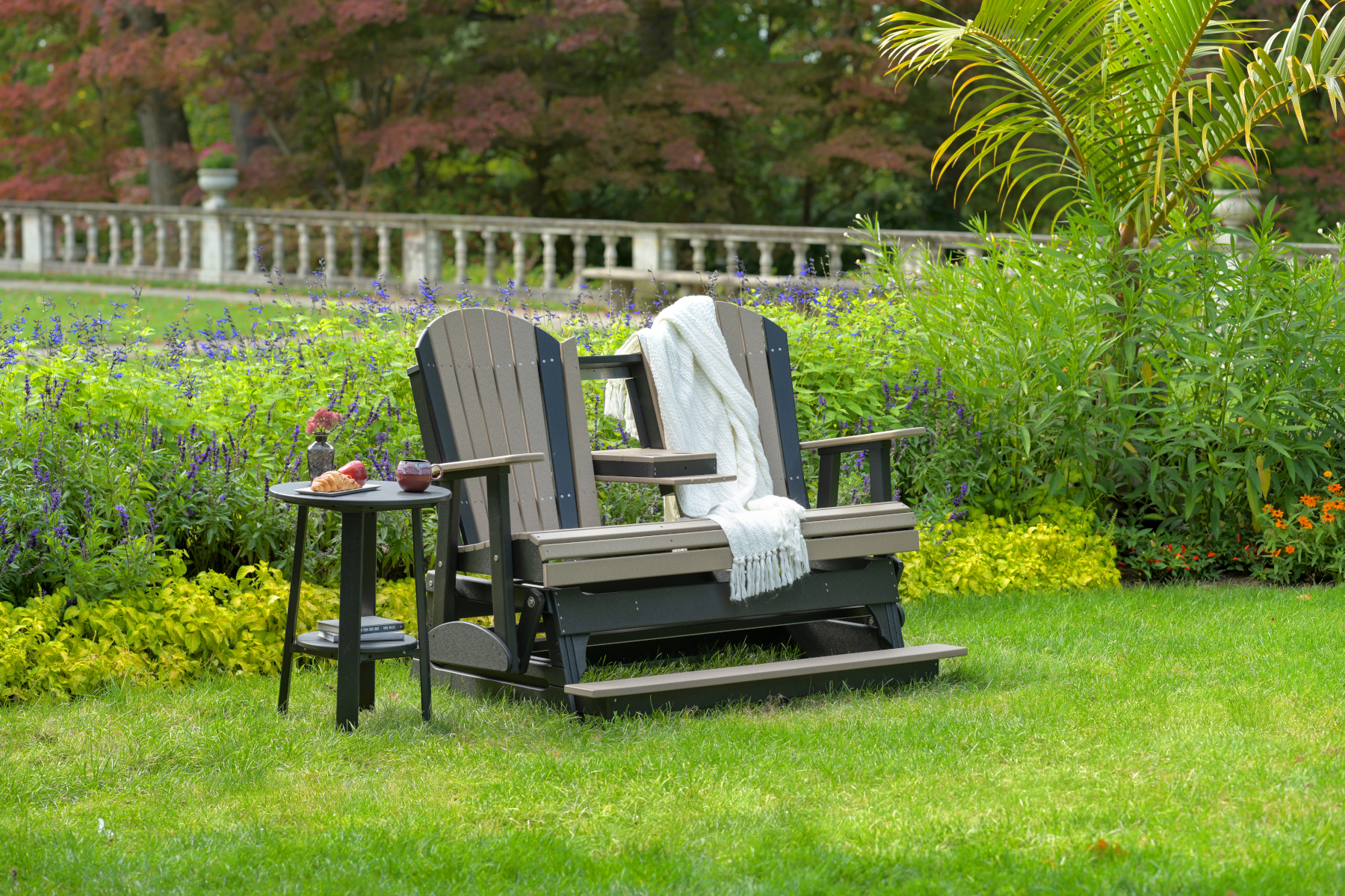 5' Adirondack Poly Balcony Glider in Weatherwood & Black with Poly Deluxe 28" End Table