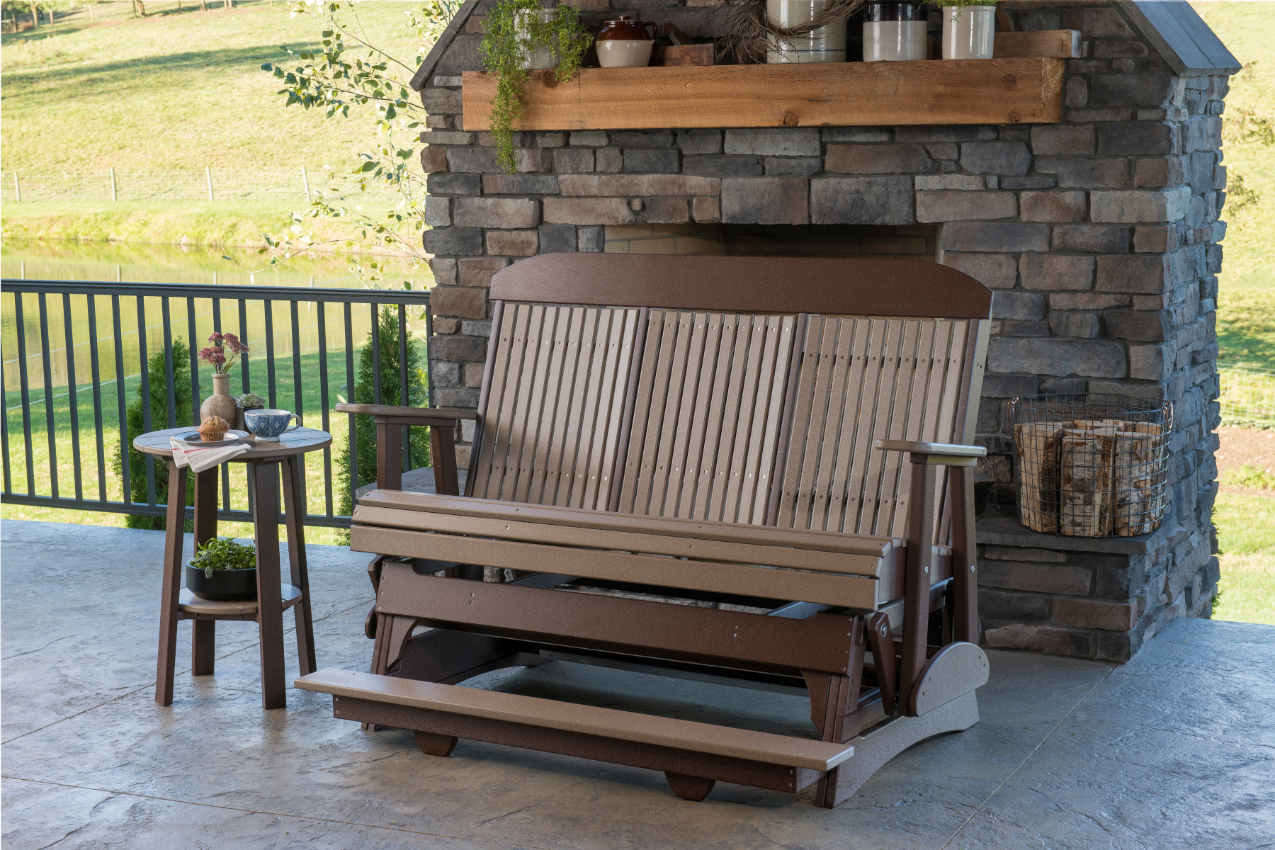 5' Classic Poly Balcony Glider in Weatherwood & Chestnut Brown with Poly Deluxe 28" End Table