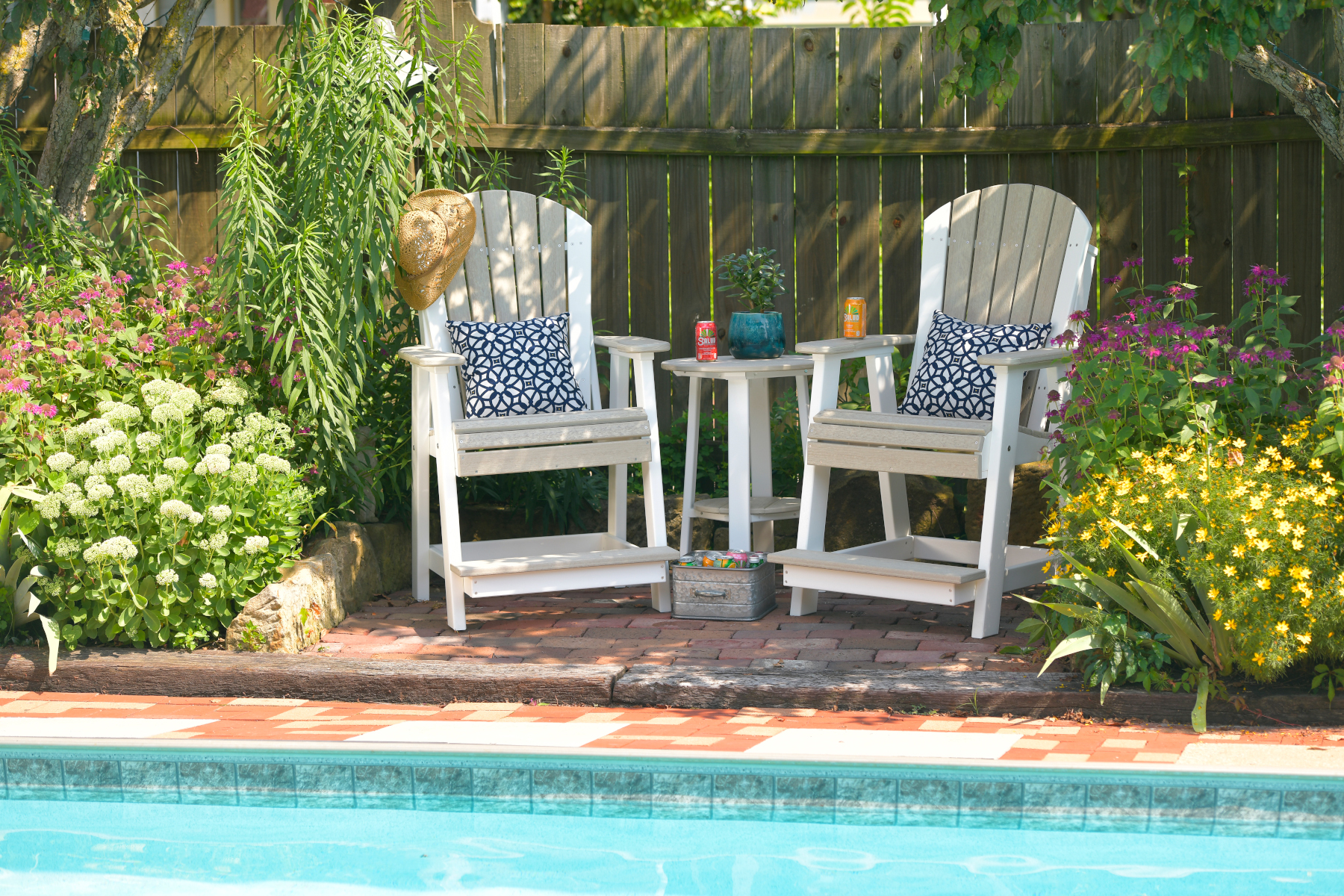 Poly Adirondack Balcony Chairs in Birch & White with Poly Deluxe 28" End Table