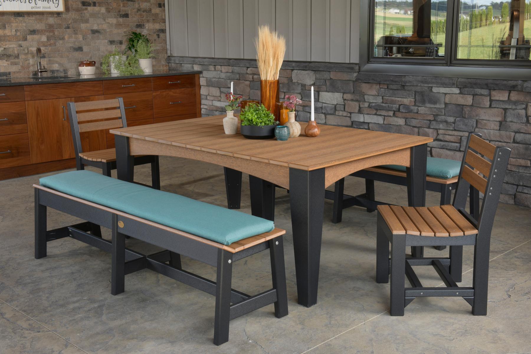 44" x 72" Island Dining Table Set in Antique Mahogany & Black