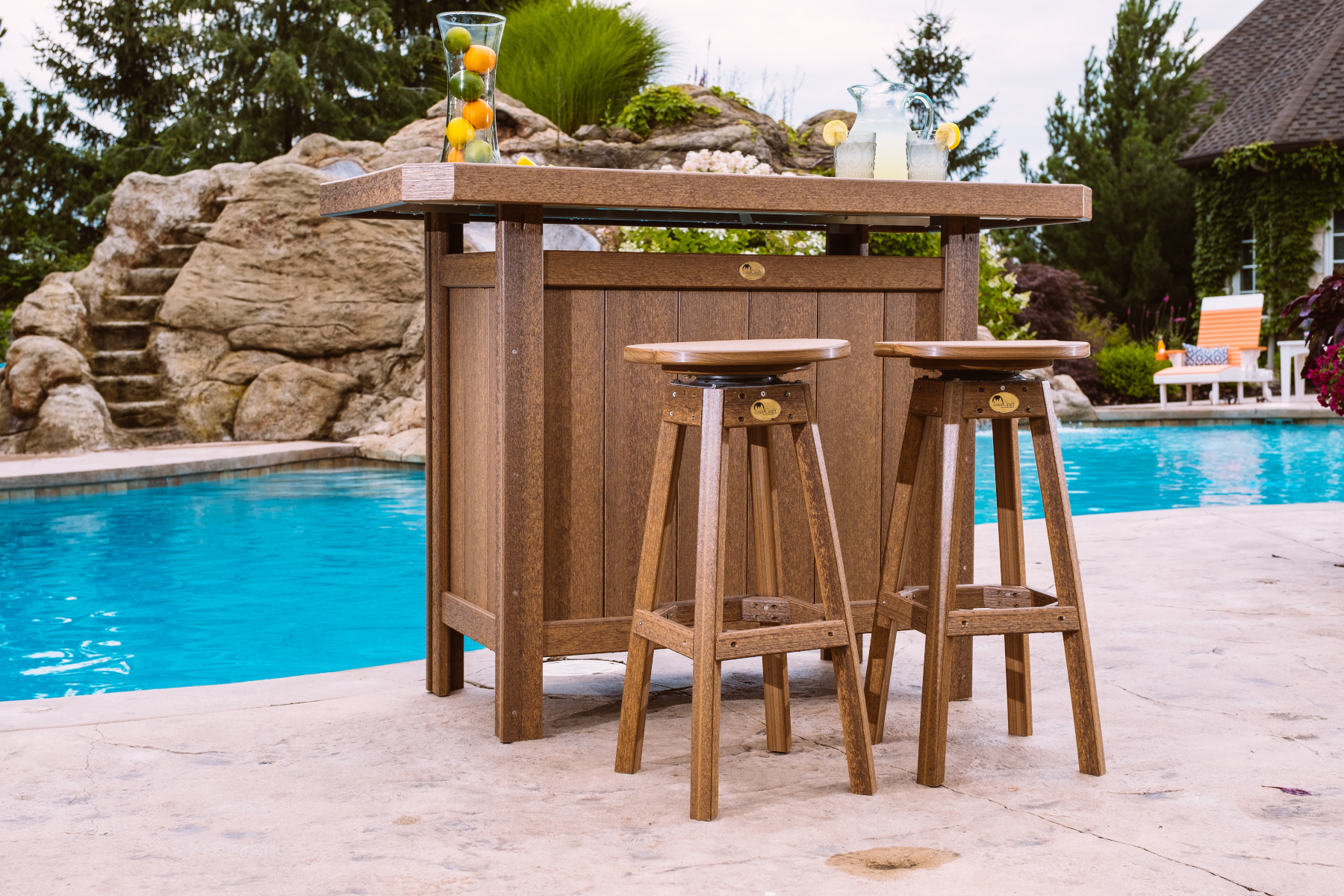 Poly Serving Bar and Poly Bar Stools in Antique Mahogany