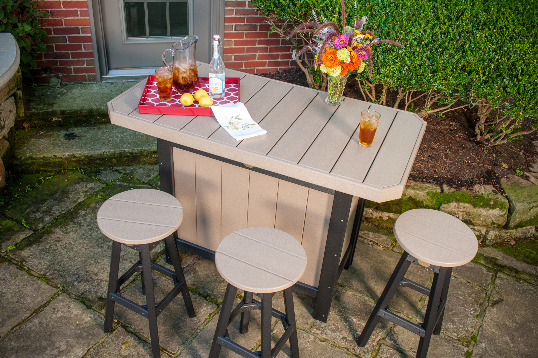 Poly Serving Bar and Poly Bar Stools in Weatherwood & Black