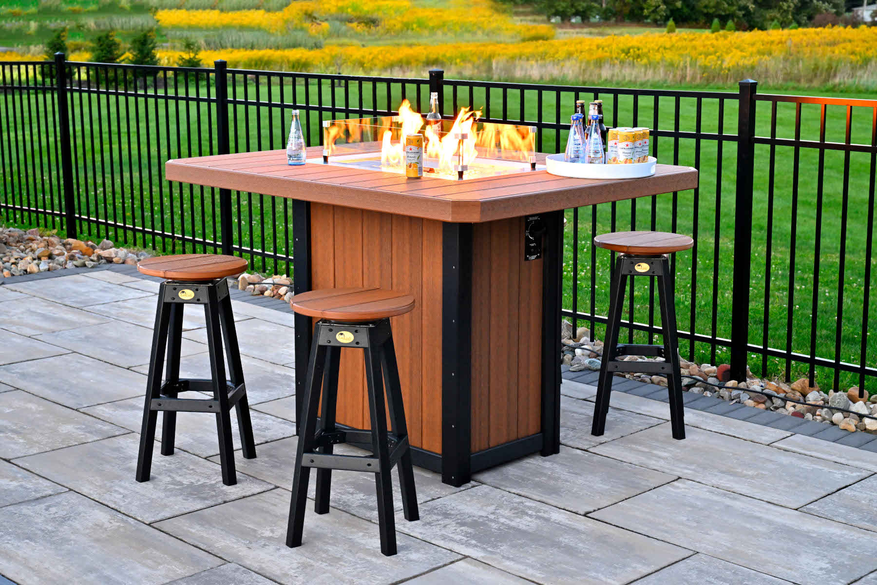 62" Rectangular Fire Table Set in Antique Mahogany & Black