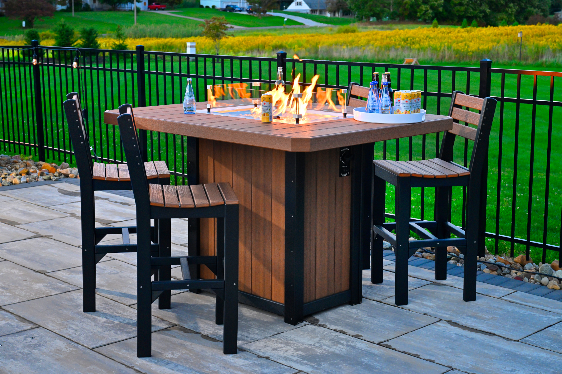 62" Rectangular Fire Table Set in Antique Mahogany & Black