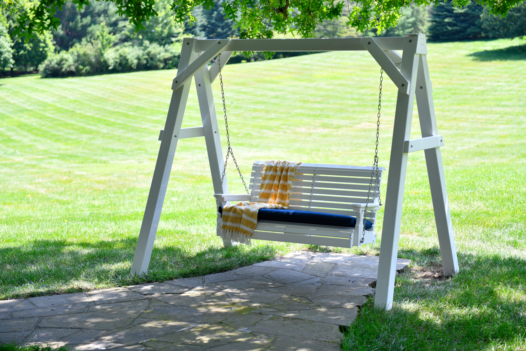 4' Plain Poly Swing on the White A-Frame Vinyl Swing Stand