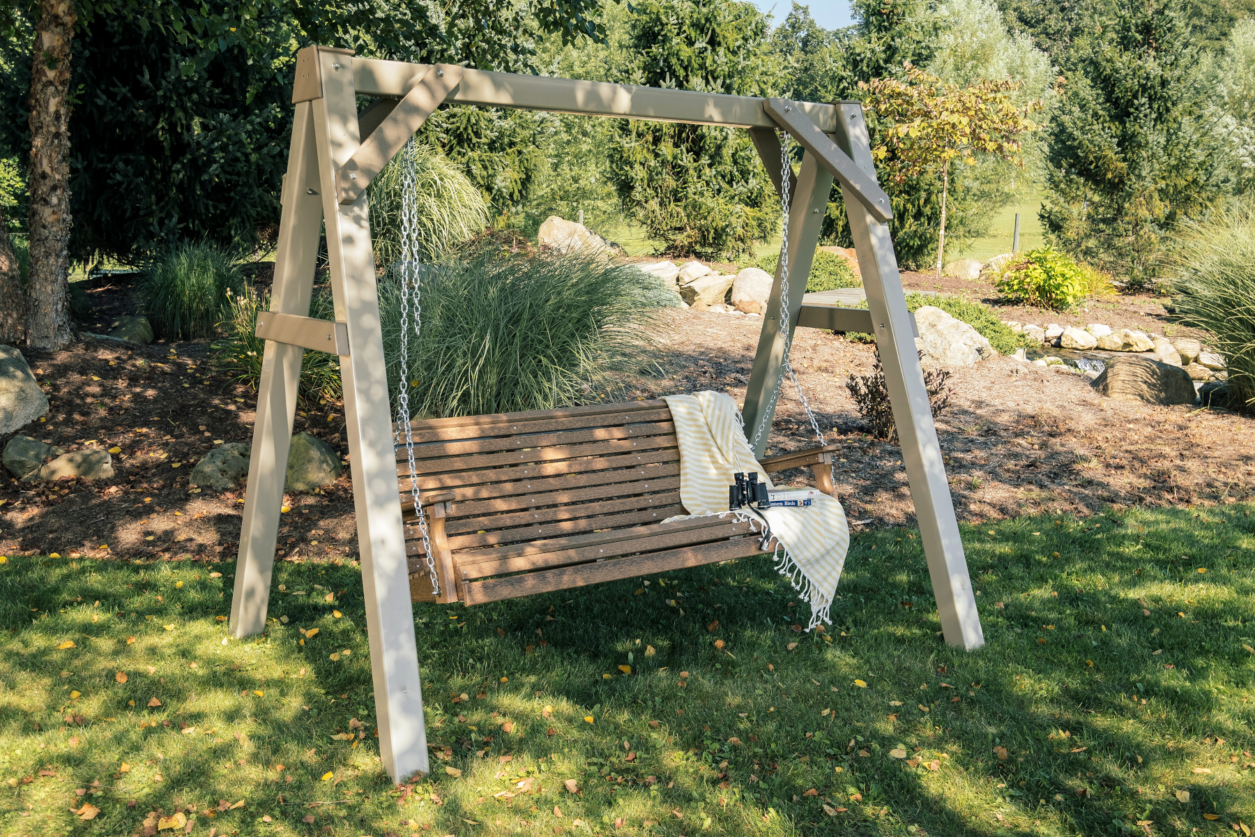 5' Plain Poly Swing on the Clay A-Frame Vinyl Swing Stand