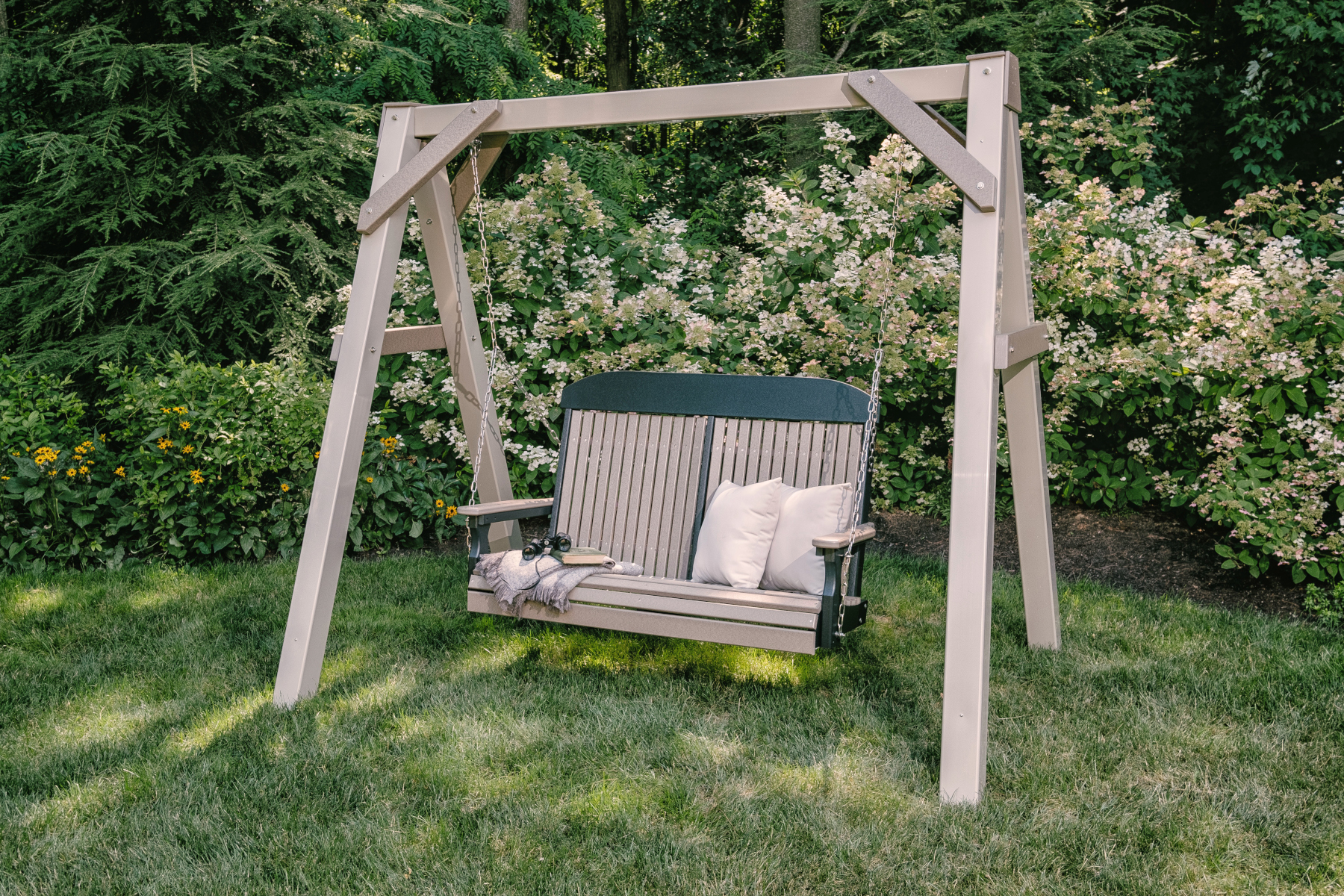 4' Classic Poly Swing in Weatherwood & Black. Shown on A-Frame. (sold separately)