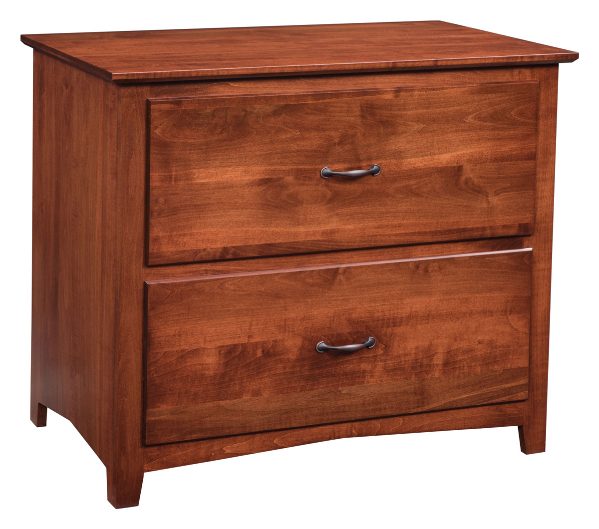 Linwood 2 Drawer Lateral File Cabinet shown in Brown Maple with OCS-225 Mission Maple Stain and #41 pulls.
