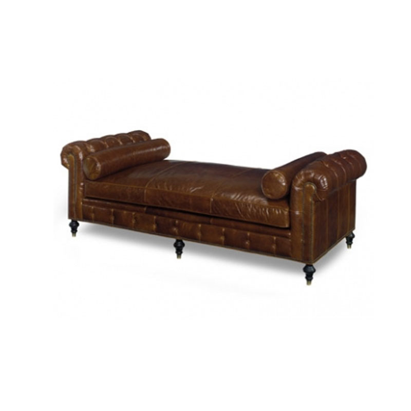 3278 Monticello Daybed Shown in Crazy Beast Leather with Worn Black Wood Finish.  Neckrolls are Standard.