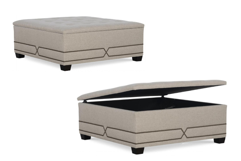 23 Grady Storage Ottoman by Temple Furniture shown in Stardust Oatmeal with an Espresso Finish. Nail Trim is Small Antique.