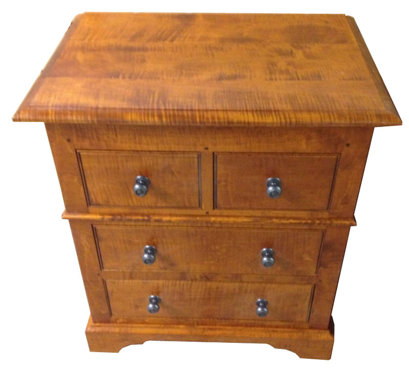 Charleston 4-Drawer Nightstand in Tiger Maple with an Early American Maple Finish.  Shown with Nickel Rhodes Pulls.