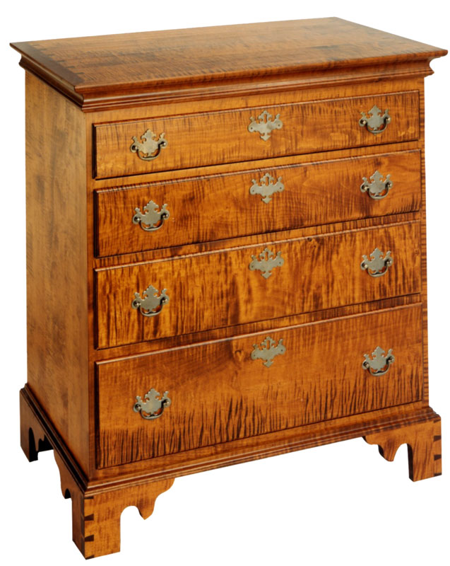 Chippendale Four Drawer Chest in Tiger Maple with an Old Maple Finish