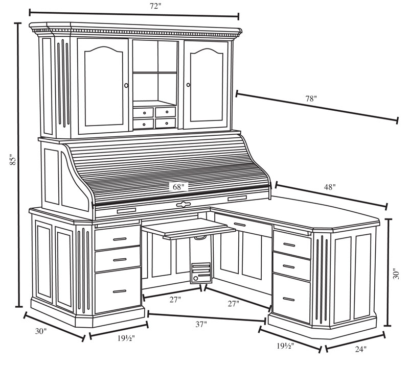 Fifth Avenue Executive Corner Roll Top Desk with Hutch Dimensions