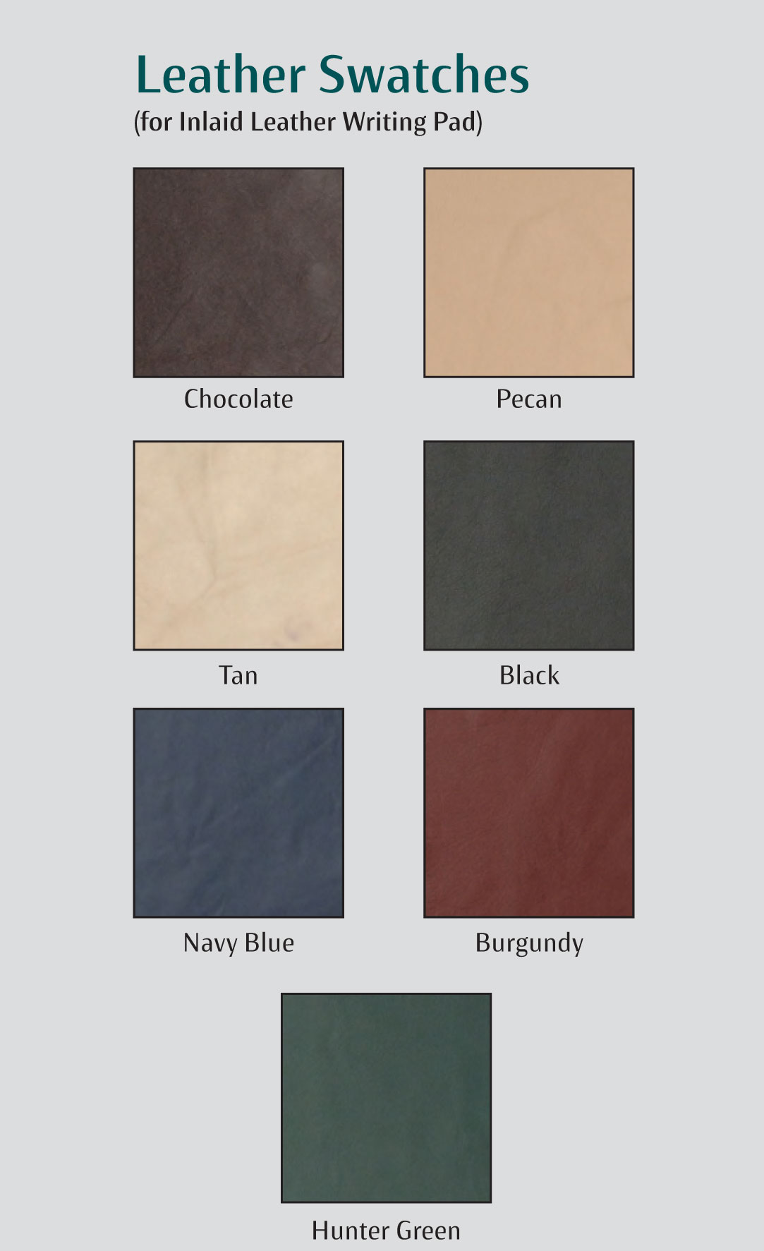 Leather Swatches for Optional Inlaid Leather Writing Pad