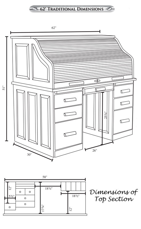 62" Traditional Computer Roll Top Desk Dimensions