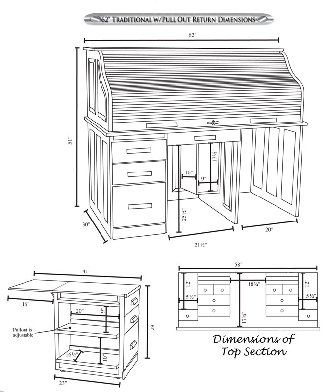 62" Traditional Computer Roll Top Desk with Pull-Out Return Dimensions