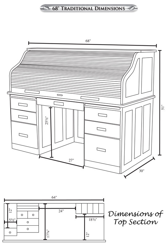 68" Traditional Computer Roll Top Desk Dimensions