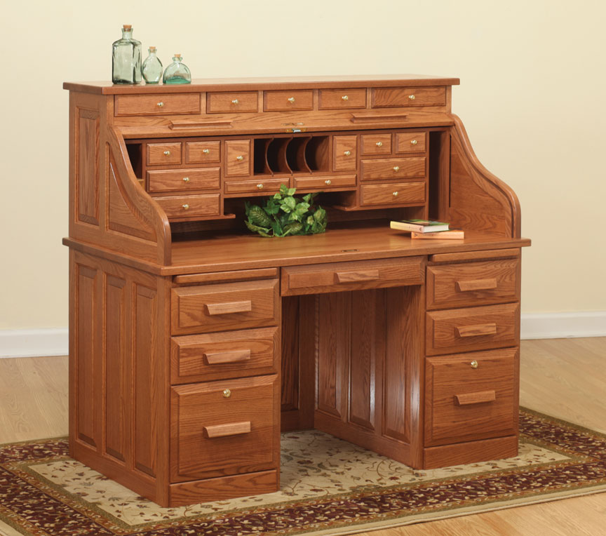 56" Traditional Computer Roll Top Desk with Drawers