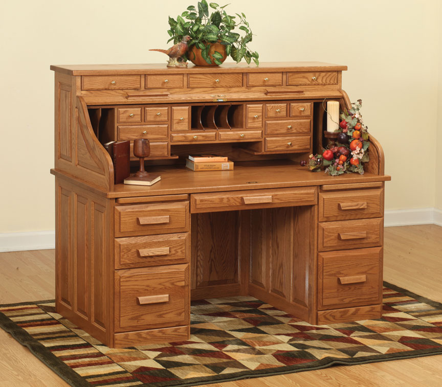62" Traditional Computer Roll Top Desk with Drawers on Top