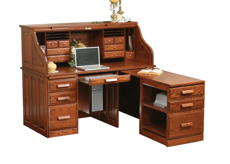 62" Traditional Computer Roll Top Desk with Pull Out Return in Oak  with OCS-111 Boston Stain