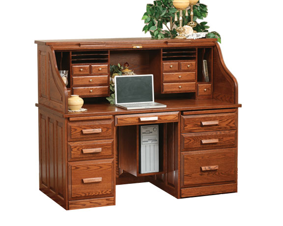 62" Traditional Computer Roll Top Desk with Pull-Out Return