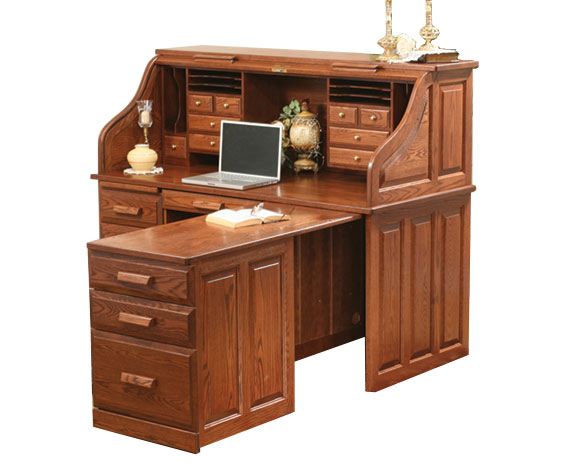 62" Traditional Computer Roll Top Desk with Pull-Out Return