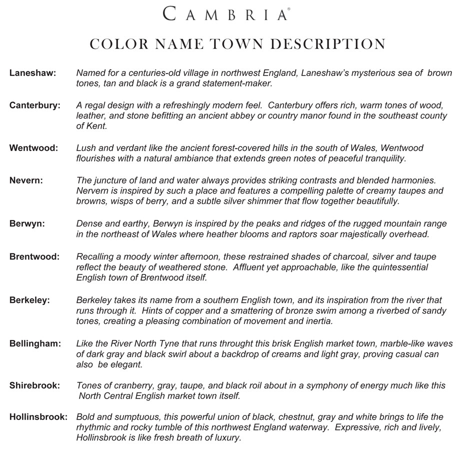 Cambria Color Name Town Description