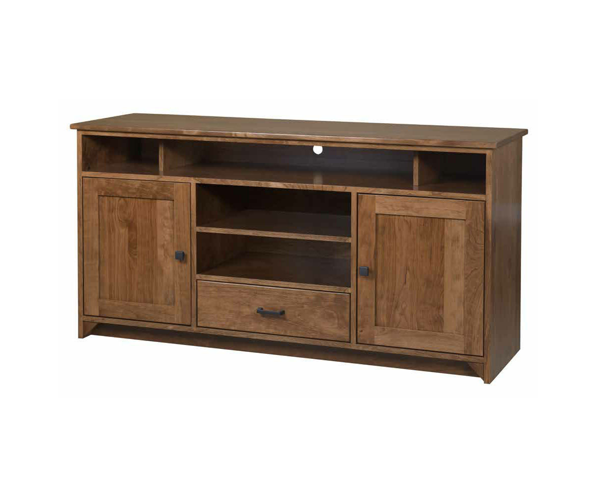 Economy Shaker Style 2 Door TV Stand  shown in Rustic Cherry with OCS-108 S-14 Stain.