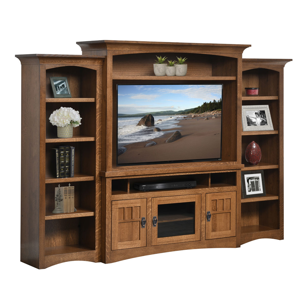 Liberty Mission Entertainment Center shown in Rustic Quartersawn White Oak with OCS-113 Michaels Stain with Optional Bookcases.