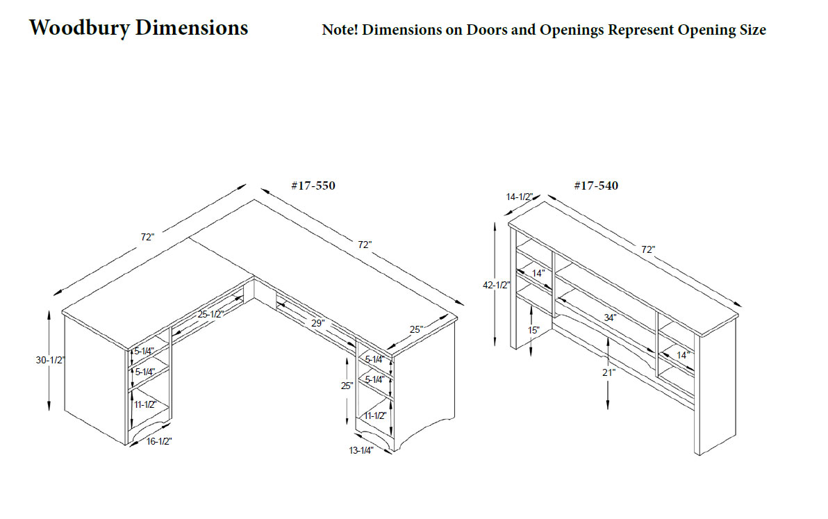Woodbury L-Desk and Hutch Dimensions