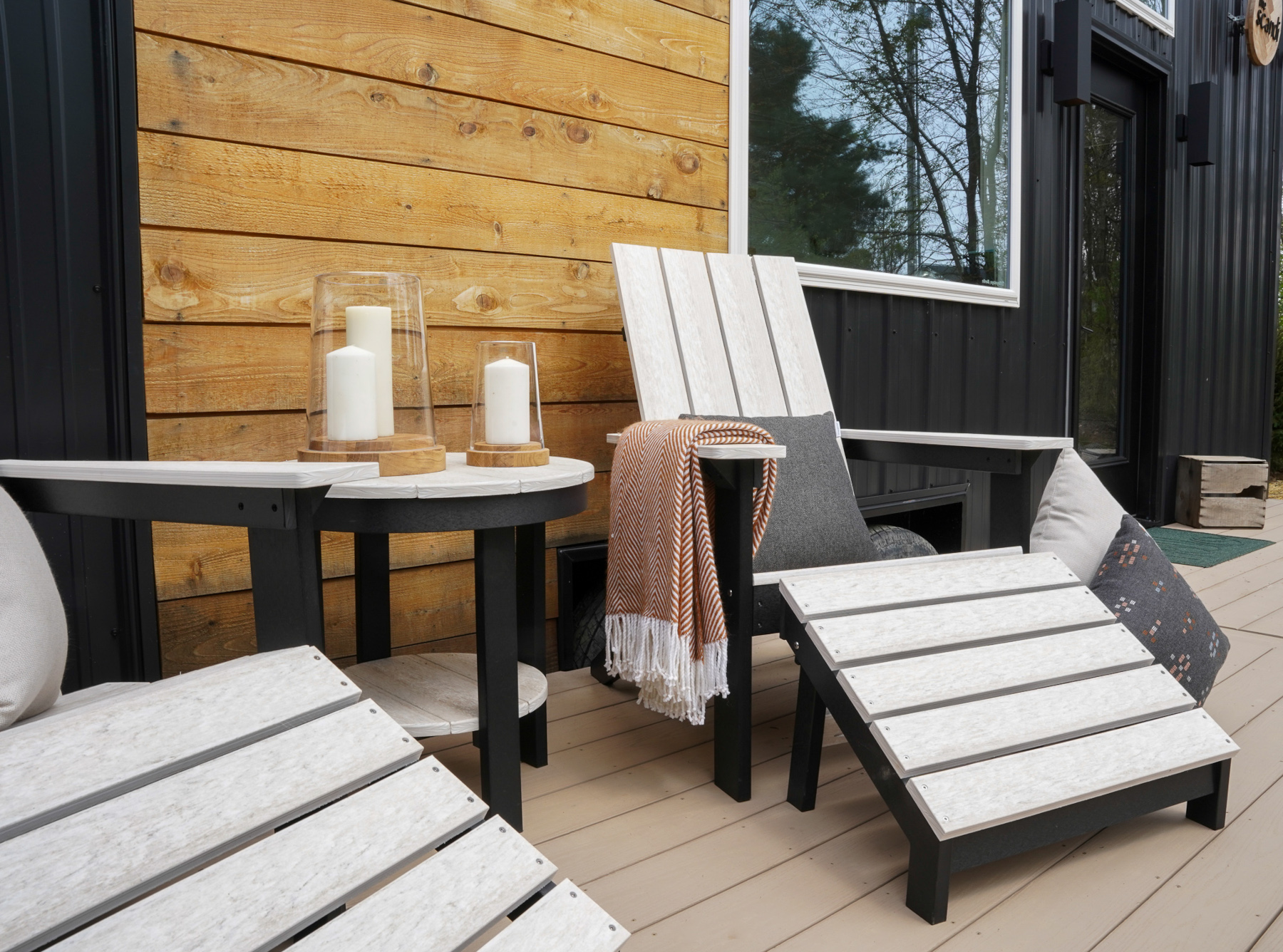 Mayhew Adirondack Chair with Mayhew Footstool in Seashell on Black.