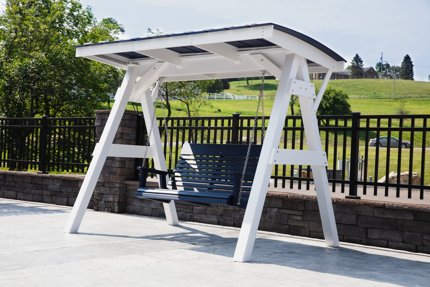 White Vinyl A -Frame with Roof and Navy Swing by Berlin Gardens