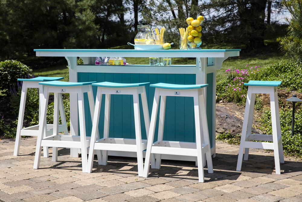 Outdoor Island and Saddle Stool (sold separately) in Aruba Blue on White