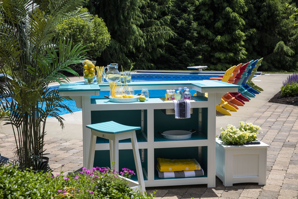 Outdoor Island and Saddle Stool (sold separately) in Aruba Blue on White with Optional Ice Bowl
