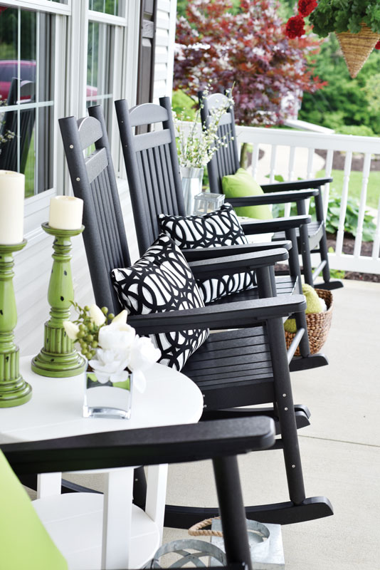 Poly Porch Rocker in Black.  Throw Pillows in Reflex Classic