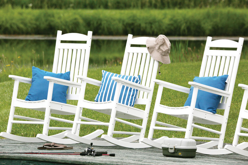 Porch Rocker in White.  Throw Pillows in Canvas Regatta and Shore Reggatta