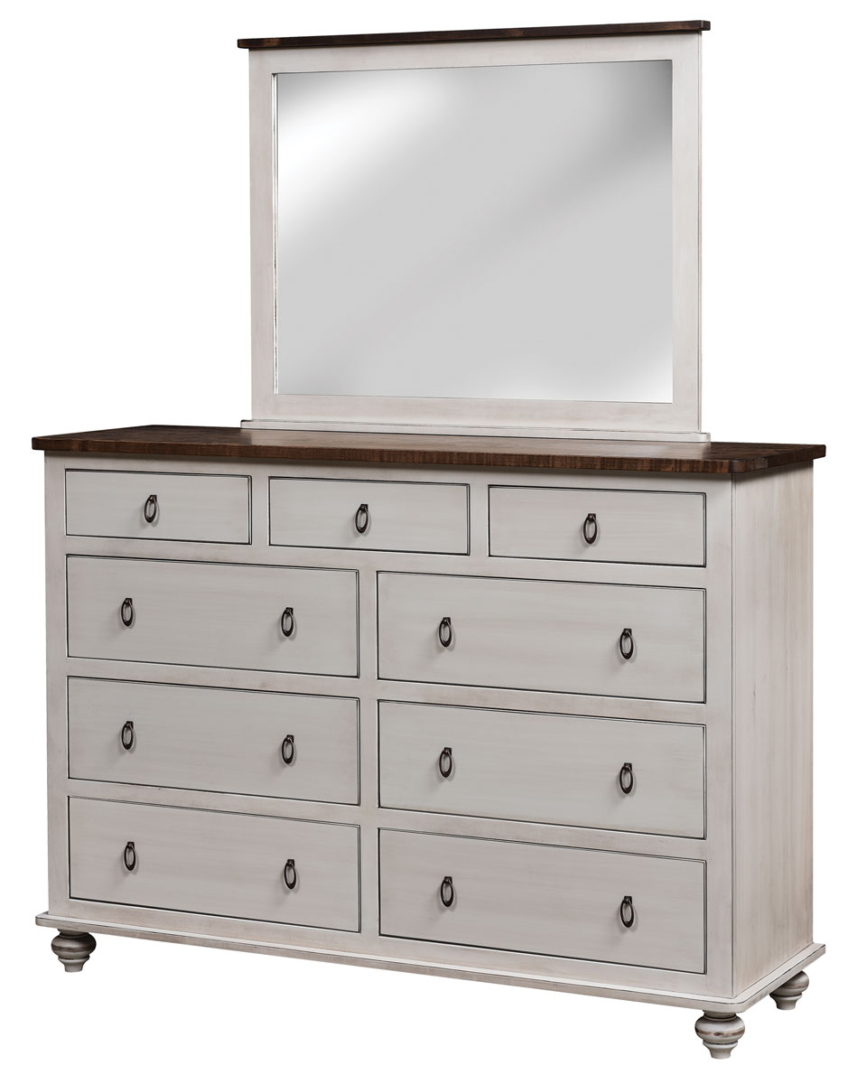 Cottage Grove 9 Drawer Dresser and Mirror  shown in Brown Maple w/Pecan finish on tops, Swiss Coffee finish on base. (sold separately) 