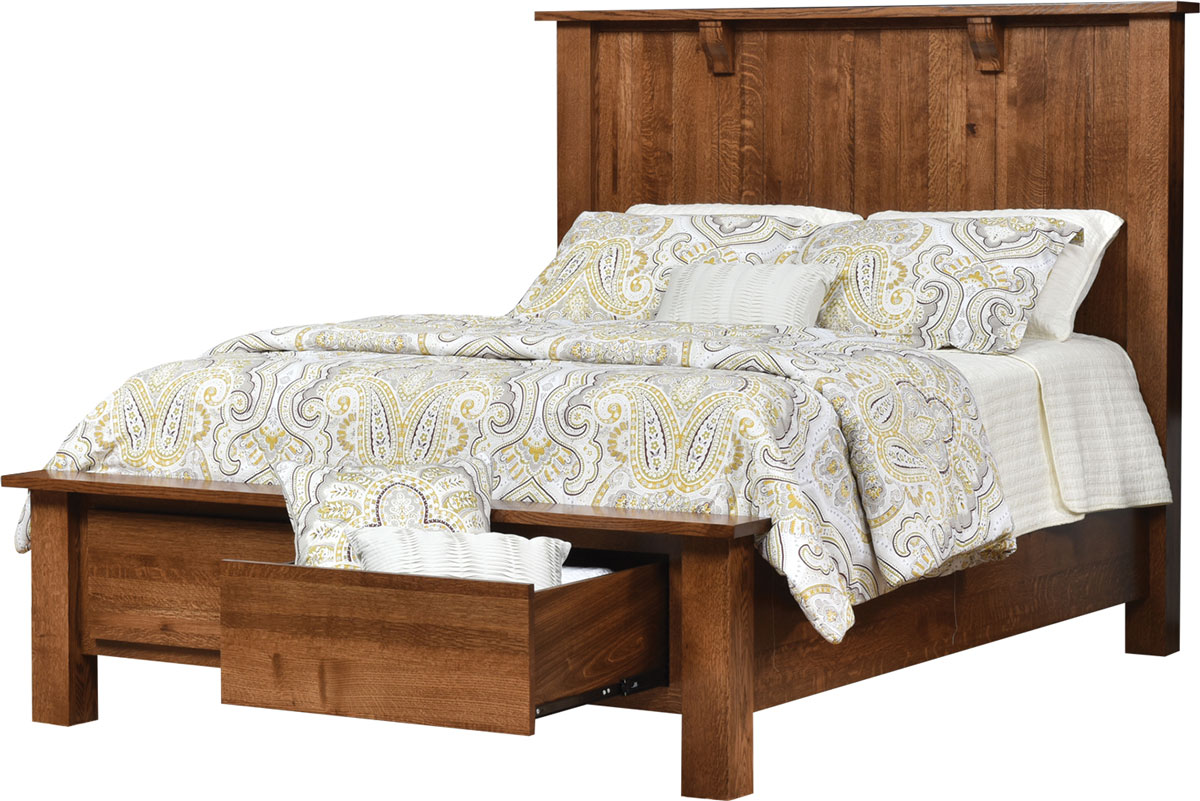 Koehler Creek Panel Bed with optional footboard storage drawers shown in Rustic Quartersawn White Oak with FC-N3037 Tavern Finish.