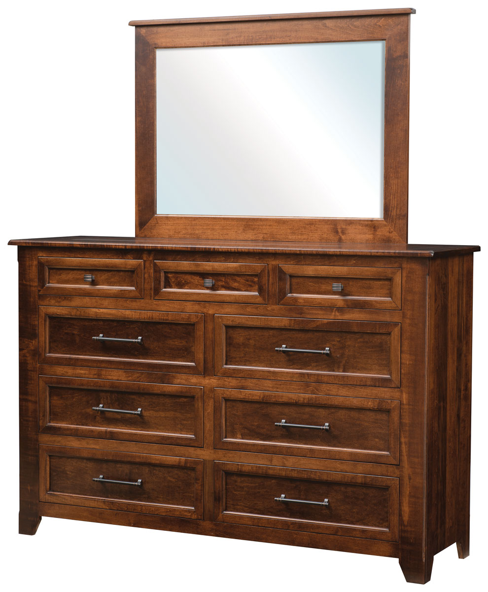 Savannah 9 Drawer Dresser and Mirror shown in Brown Maple with an OCS-117 Asbury Stain.
