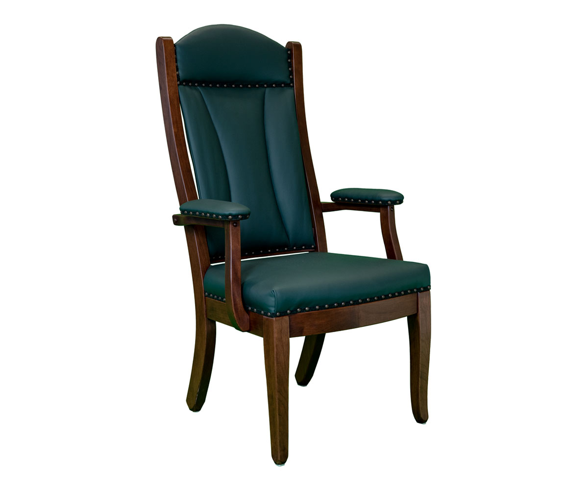 Client High Back Arm Chair in Cherry with Rich Tobacco Stain and L635 Hunter Green Leather